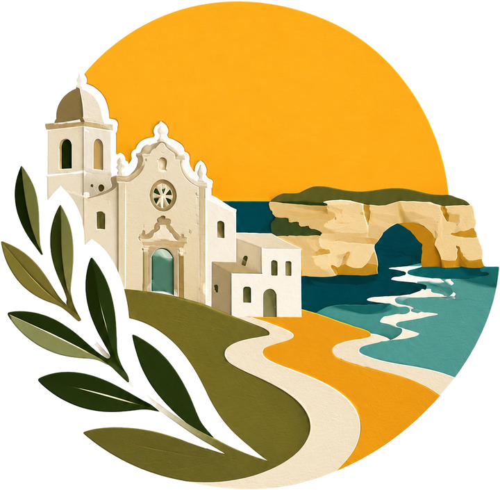 Salento illustrato: chiesa barocca in pietra leccese, arco di roccia sul mare, ramo d'ulivo e sole